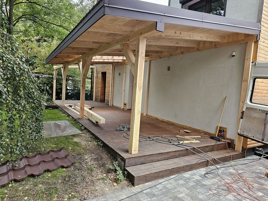 Wiata garażowa drewniana, zadaszenie tarasu