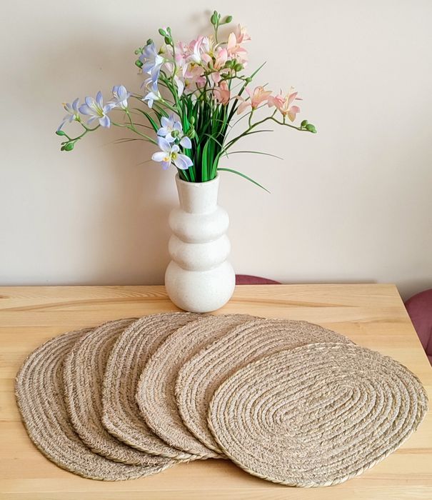 Podkładki Boho naturalne na stół owalne z trawy morskiej i juty 40x30cm maty stołowe boho komplet 6 sztuk