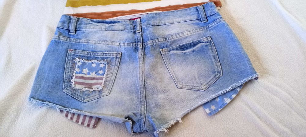 Conjunto minishorts calções Denim L e top riscas M/L