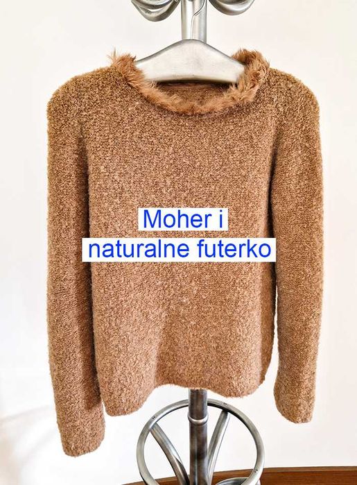 Sweter włoski, mohair, karmel/toffi, lekki, pod szyją futerko–38/40