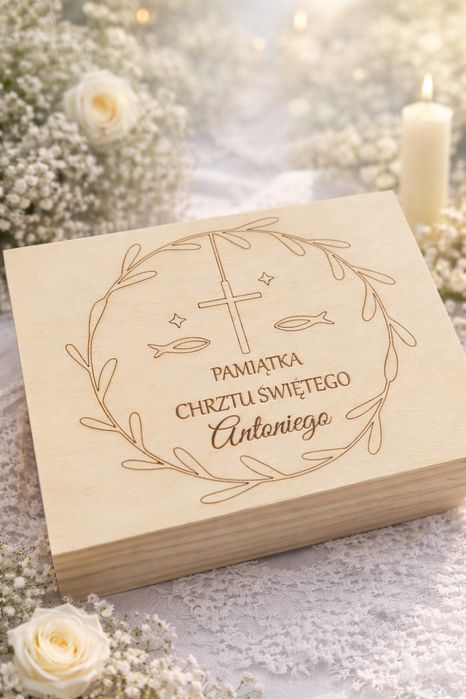 Pamiątka Chrztu Świętego – personalizowane pudełko drewniane, prezent