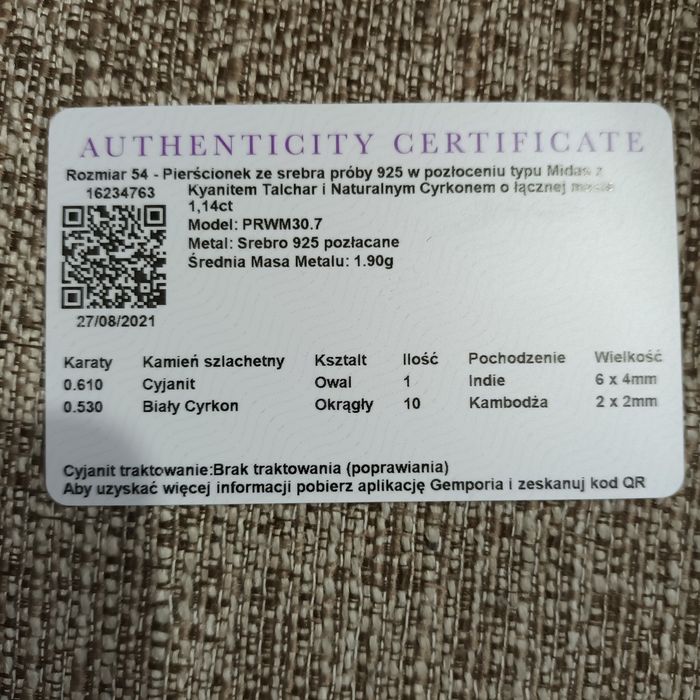 Pierścionek że śr. pr. 925 w pozloceniu z Kyanitem I Nat. Cyrkonem