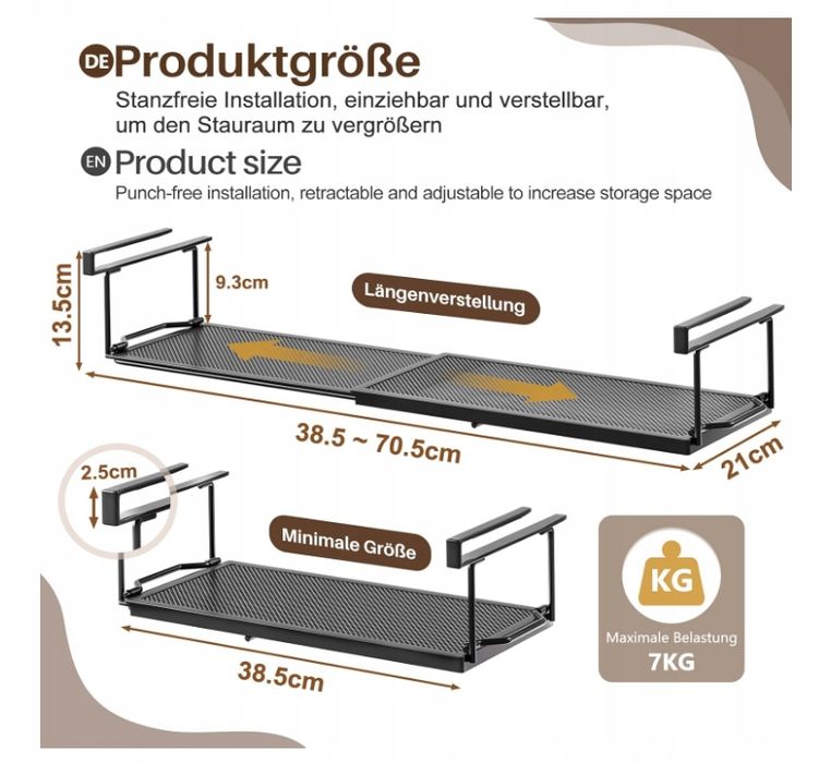 kosz pod półkę regulowany 38-70 cm organizer metalowy czarny