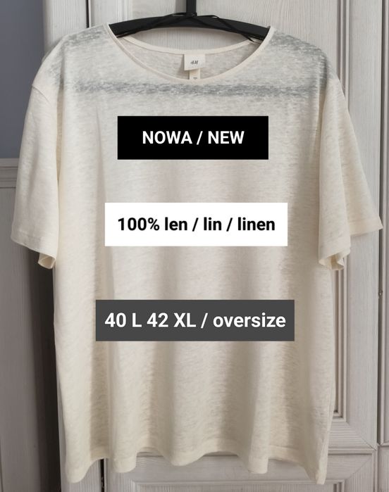 H&M lniany kremowy t-shirt basic classy 100% len jakość