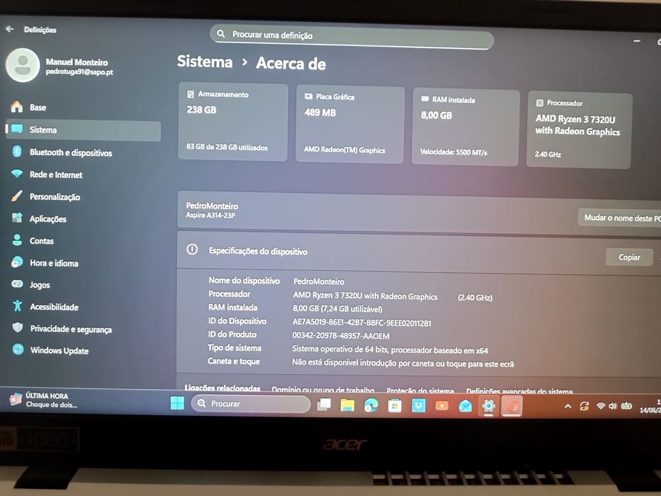 Portátil Acer 3  completamente novo