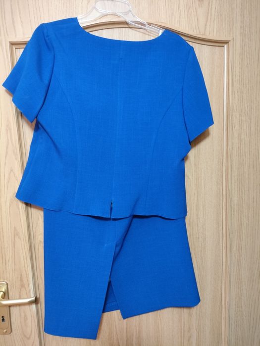 Elegancka garsonka damska rozm. 48 – kobaltowa, komplet spódnica + bluzka