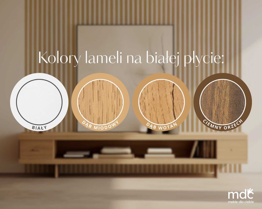 Lamele ścienne na białej płycie HDF - 275 cm x 59,5 cm - Dąb i inne