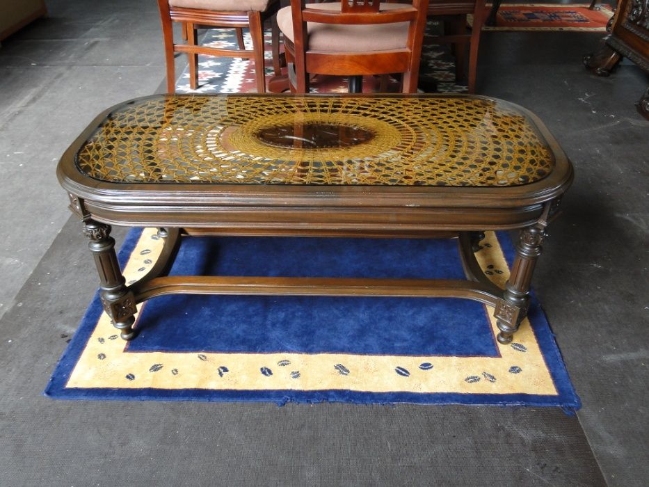 Wood, straw, and glass coffee table – excellent condition64584278880770120