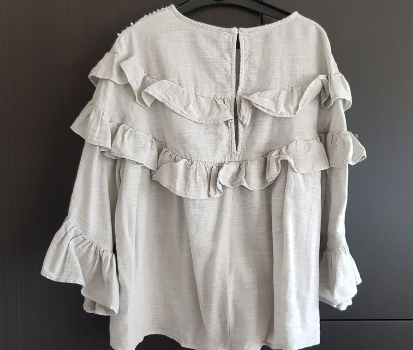 ZARA Basic szara bluzka falbanki koraliki perełki S gratis