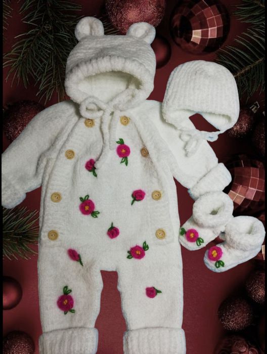 В'язаний теплий  комплект,комбінезон, для немовлят 0-9 місяців