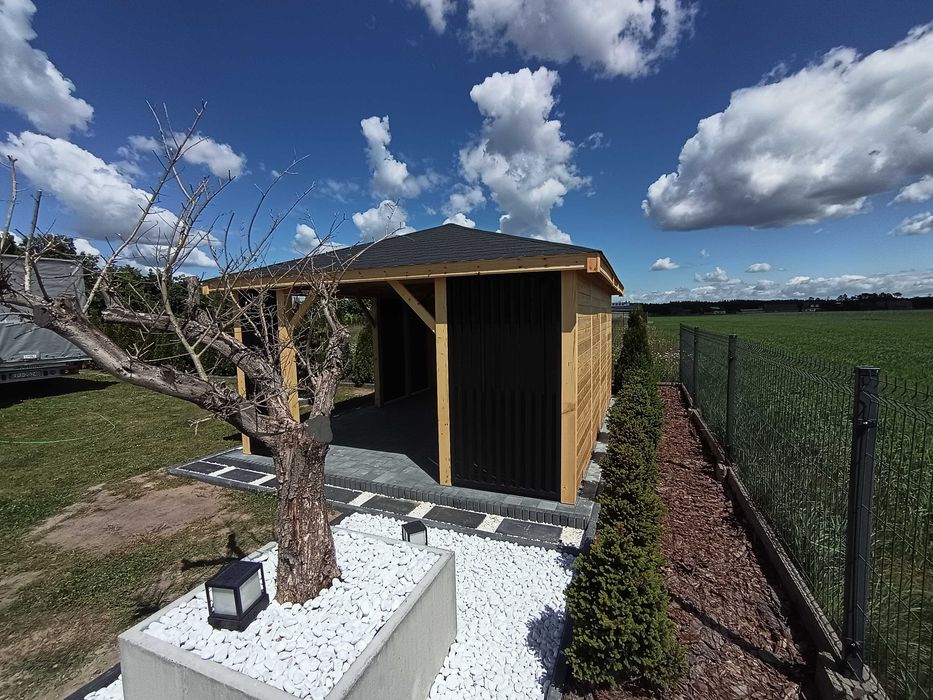 Nowoczesna altana 4x6 m, lamele, gont bitumiczny - producent