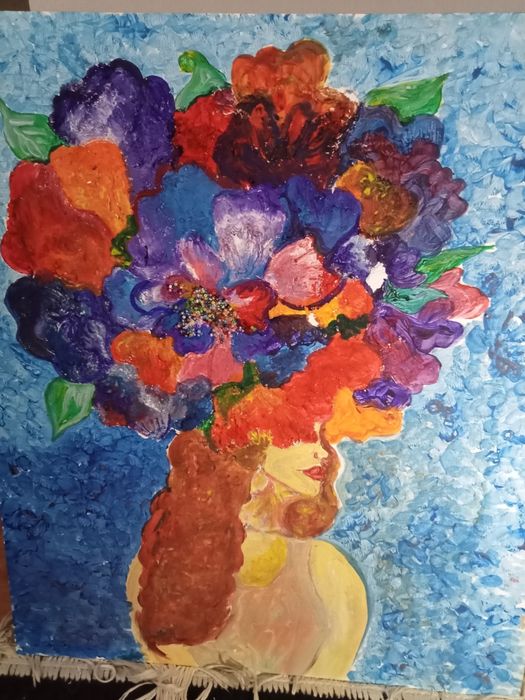 Картина дівчина з піоном на голові