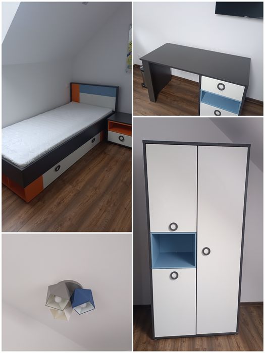 Młodzieżowy chłopięcy  forte zestaw mebli biało-niebiesko-pomarańczowy