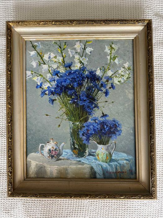 Голубые цветы - Ефименко Виктор Романович, 1990 год, размер 50х40 см