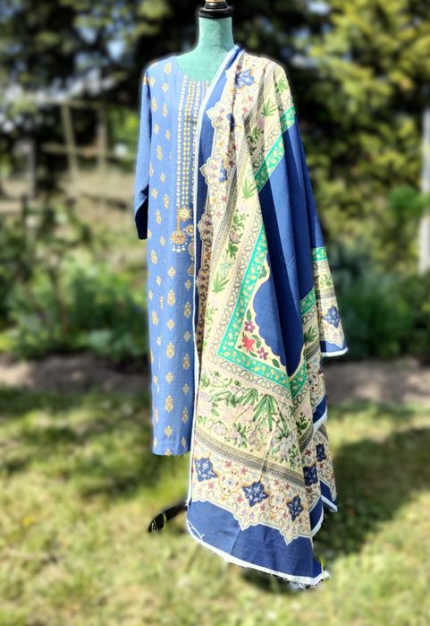 Komplet etno kameez dupatta zgaszony błękit 5XL 6XL tunika szal hijab orient Bollywood