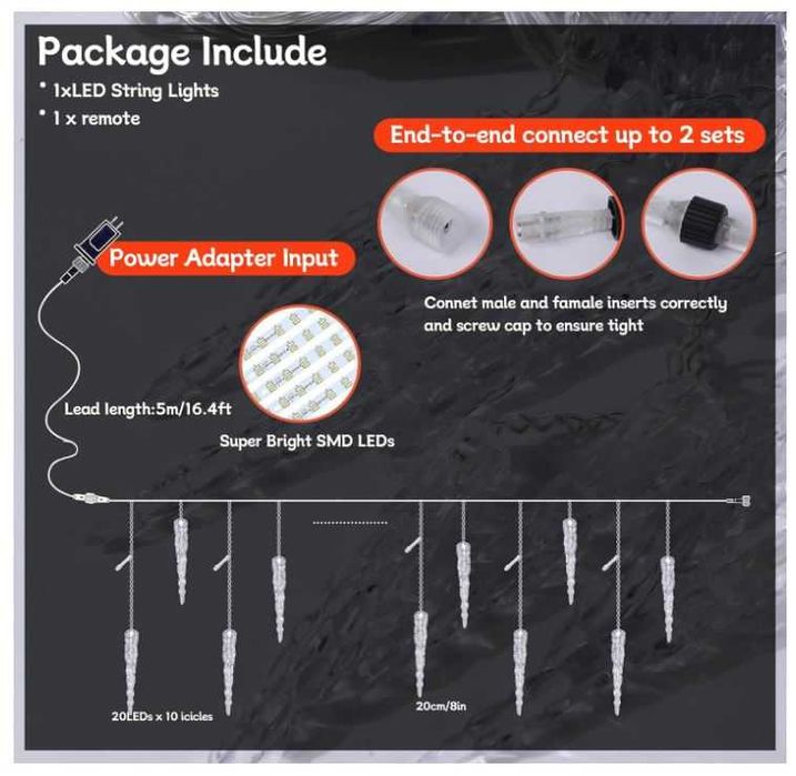 Lampki świąteczne wielokolorowe sople 10m, sterowanie pilotem 8 trybów