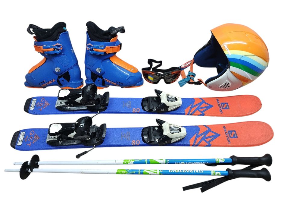Komplet VIP Narty SALOMON 80 cm Buty r-27 Kijki Kask Gogle