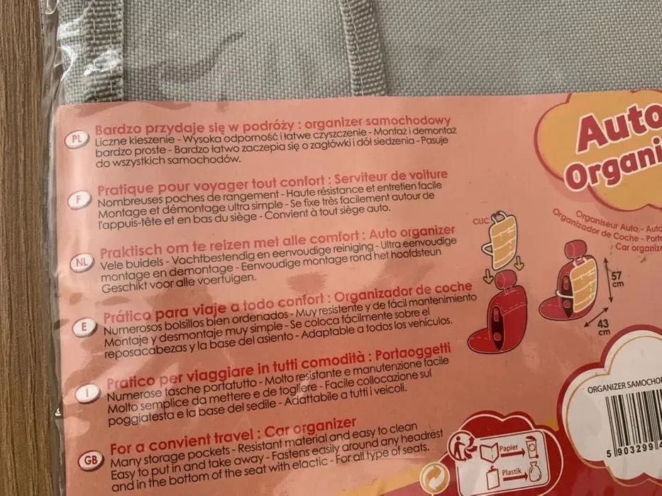 Nowy organizer samochodowy na fotel szary