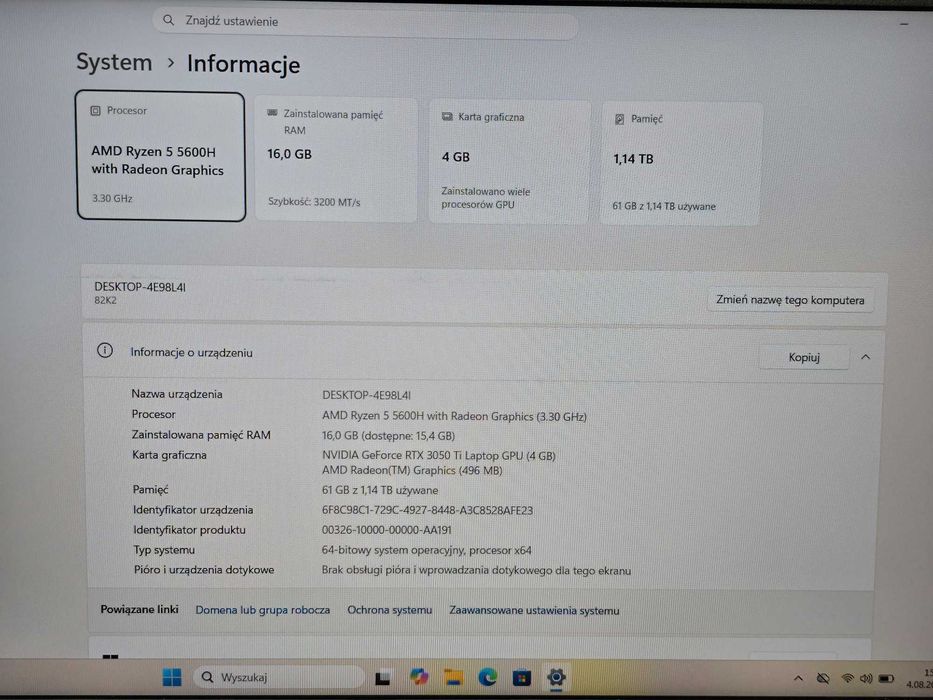 Lenovo Ideapad Gaming 3-15ACH6 / R5-5600H 3.30GHz / 16GB 3200Mhz DDR4 / RTX 3050Ti 4GB / 1TB M2 + 256GB M2 / 15.6' FHD IPS 120Hz / Grade B /GW 12 mies