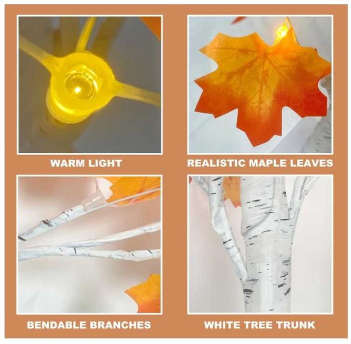 Dekoracyjne jesienne drzewko ozdobne z liśćmi klonu, 24 diody, 60 cm