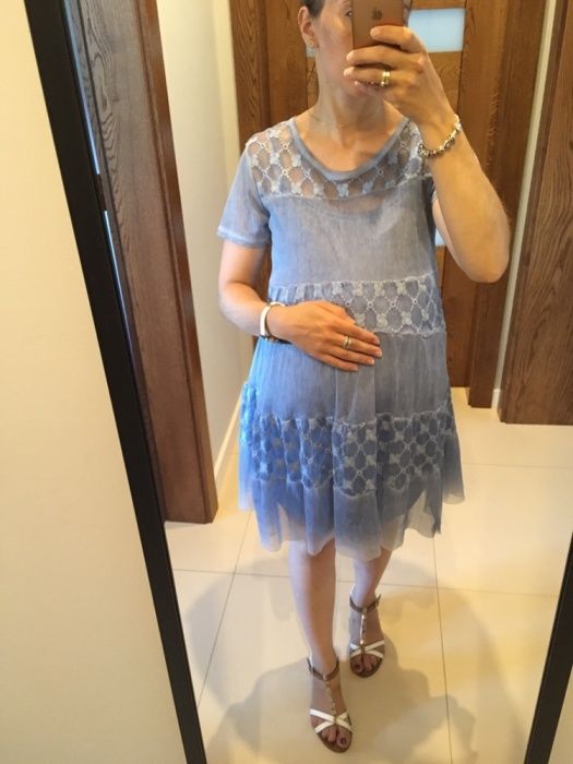 Piękna koronkowa sukienka ciążowa niebieska/szara S/M NOWA