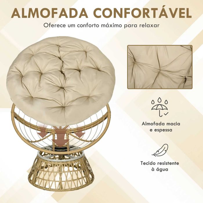Cadeira de Jardim Papasan Giratória de Vime Sintético com Almofada