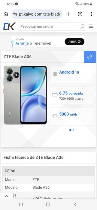 Telemóvel ZTE Blade A36  4 Ram 64GB