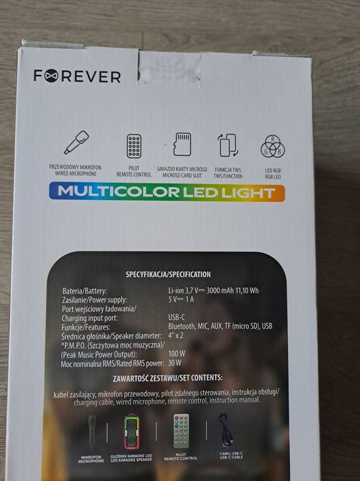Nowy głośnik Karaoke Led 100 W Forever USB Bluetooth pilot