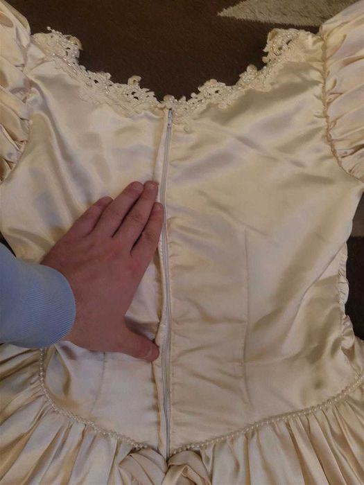 Suknia Ślubna - Rozmiar 36, Tafta, Perły, Rękawiczki, Halka, Komplet