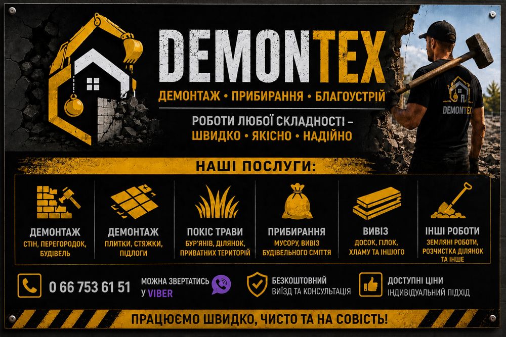 DEMONTEX Надаємо послуги десонатж, зачистка ділянок, благоустрій, покіс трави та земляні роботи! Працюємо швидко та якісно
