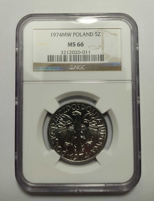 5 zł 1974, NGC MS66, Rybak z trawką, destrukt