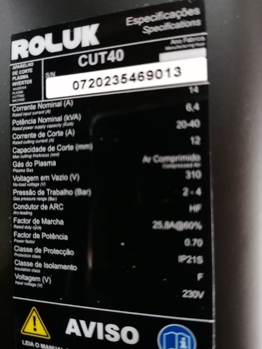 Plasma de corte ROLUX CUT 40-230V Novo