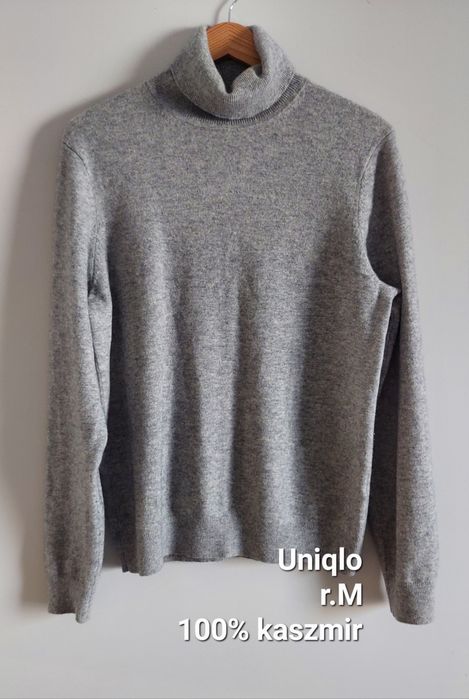 Szary klasyczny golf Uniqlo r.M kaszmirowy, 100% kaszmir