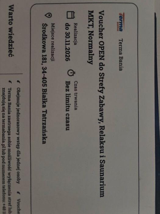 Voucher bez limitu czasu Terma Bania strefa zabawy/relaksu/saunarium