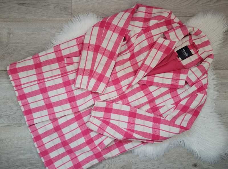 Biało-beżowo-różowy płaszcz w kratę, Studio Outerwear, 42 (XL)