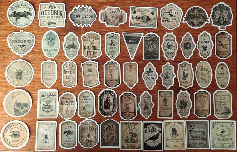 Conjunto 51 Autocolantes Rótulos Poções Mágicas Esoterismo Curiosidade