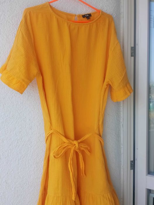 Letnia pomarańczowa muślinowa bawełniana sukienka falbany L