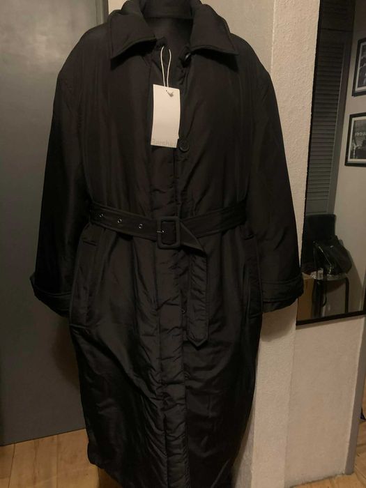 Bershka kurtka płaszcz trencz pikowany oversize wiązany czarny