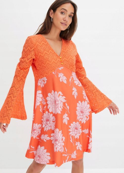 B.P.C pomarańczowa sukienka z koronką rozszerzane rękawy 40/42.