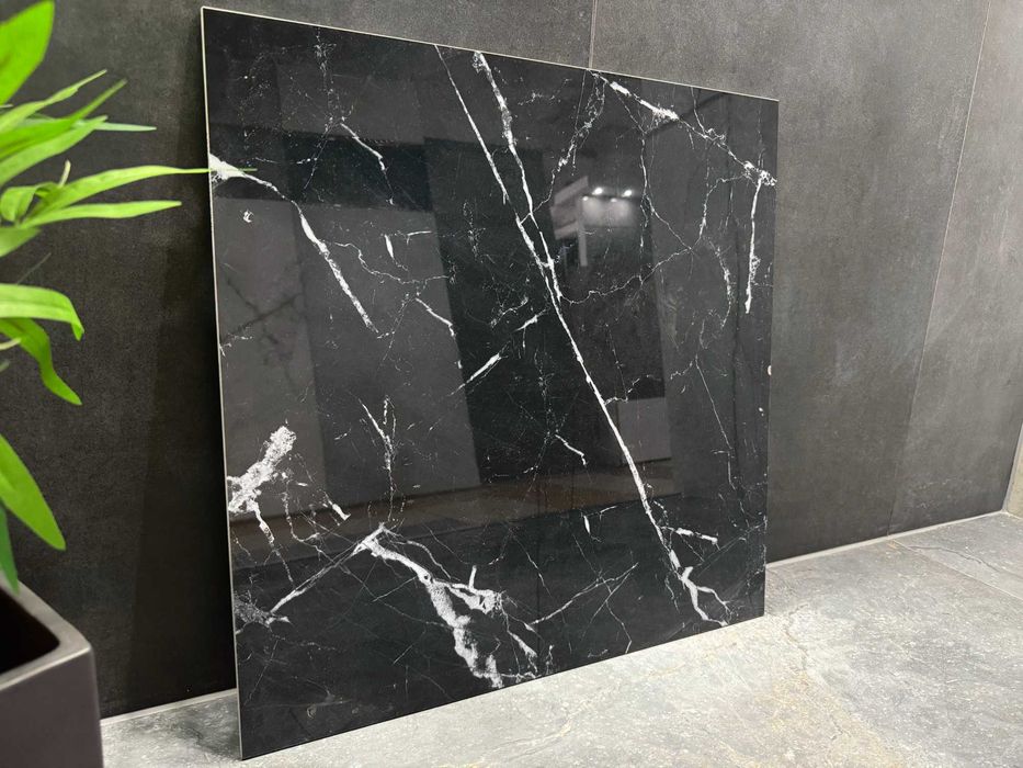 Gres 60x60 czarny marmur polerowany SREBRNA ŻYŁKA | Wysoki połysk