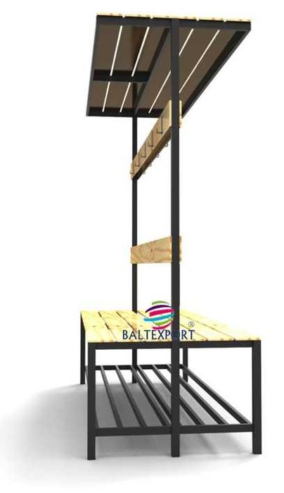Banco vestiário balneário com réguas de cabides em madeira de pinho