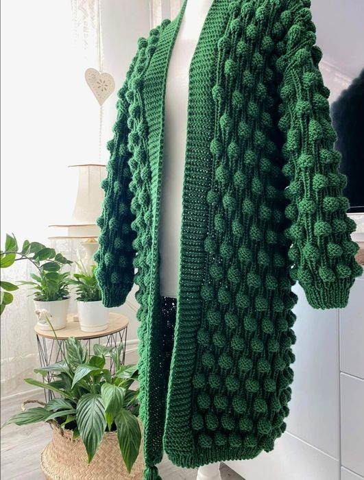 Zielony popcorn sweter ręcznie robiony na drutach Handmade M L