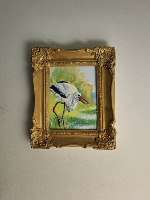 Portret bociana.Miniatura olejna.