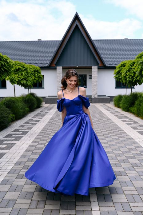 Сукня випускна, синій атлас, вечірня сукня