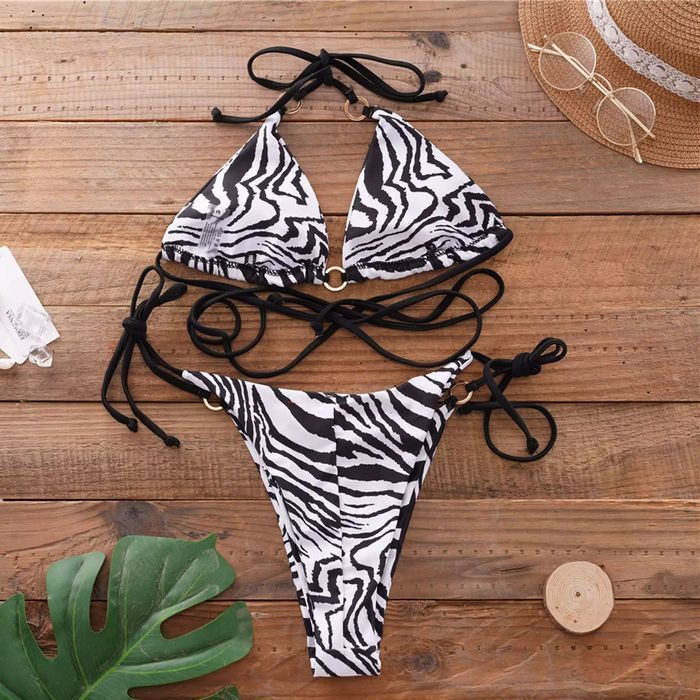 Sexy Dwuczęściowy Strój Kąpielowy BIKINI w Zebrę z Wiązaniami - L