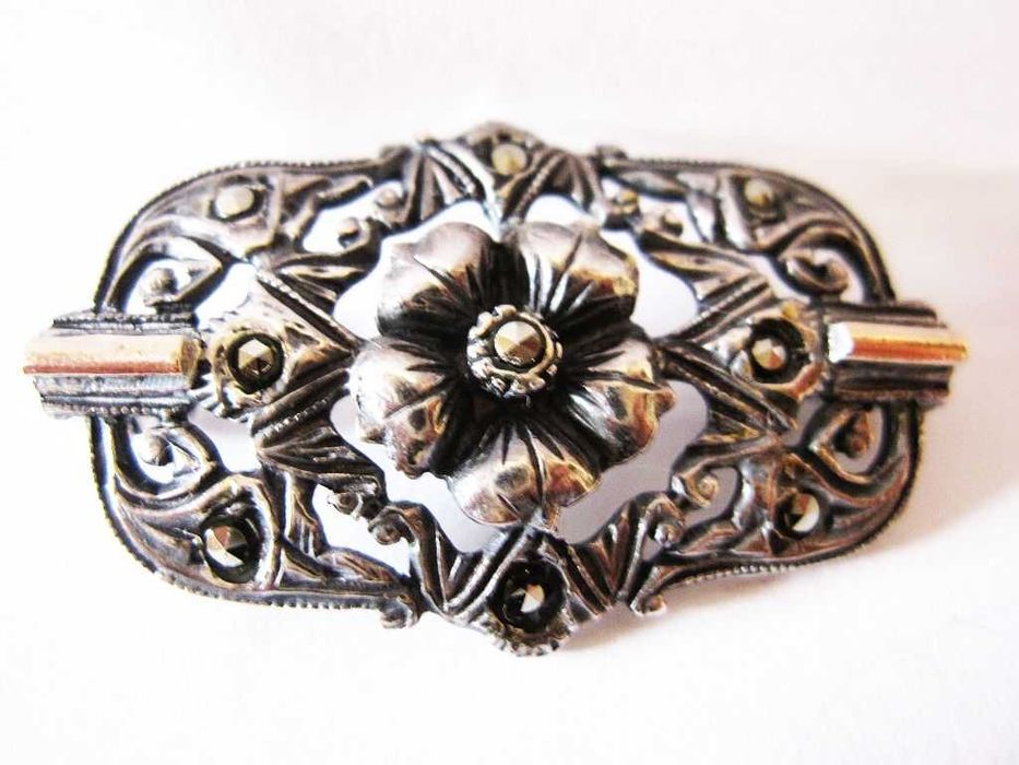 vintage pregadeira em prata portuguesa contrastada c ouro e marcasitas