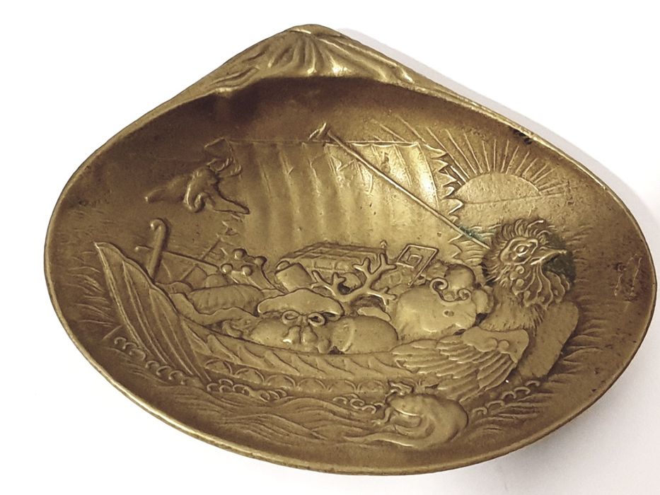Antique Asian bronze ticket booth - shell with rooster boat