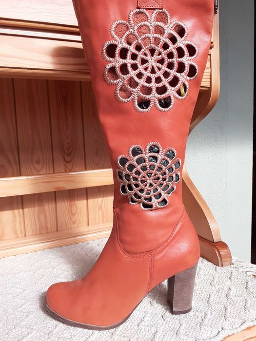 kozaki damskie, ciemny pomarańcz, haft, 37