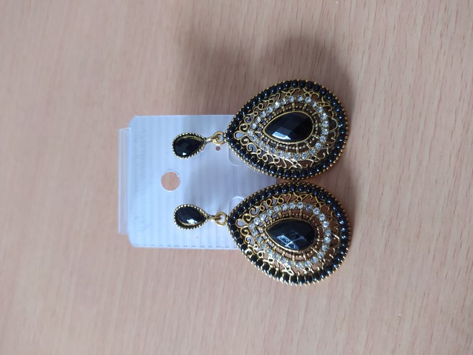 Brincos dourados pretos com brilhantes estilo vintage NOVOS