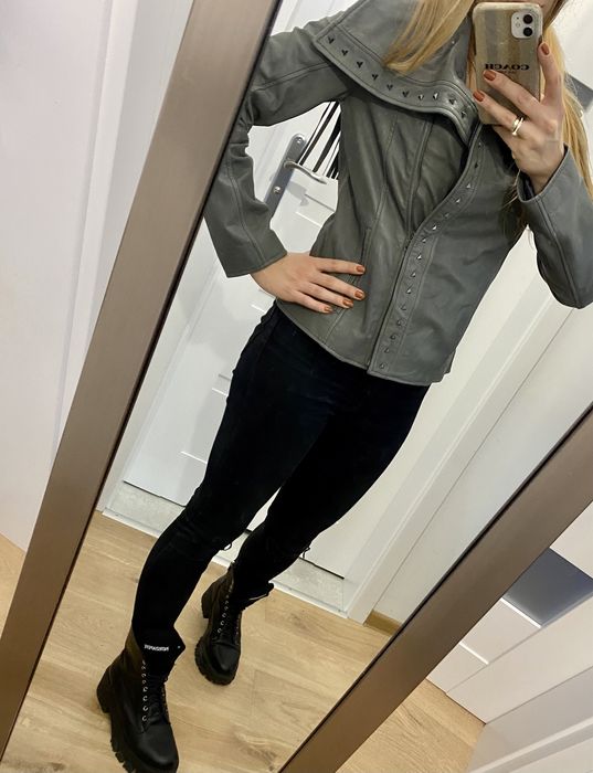 Kurtka skórzana skora naturalna szara z fredzlami rozm 36